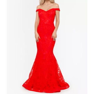 Xscape Red Lace Off Shoulder Mermaid Flare Formal Dress Size 6 Homecoming Prom